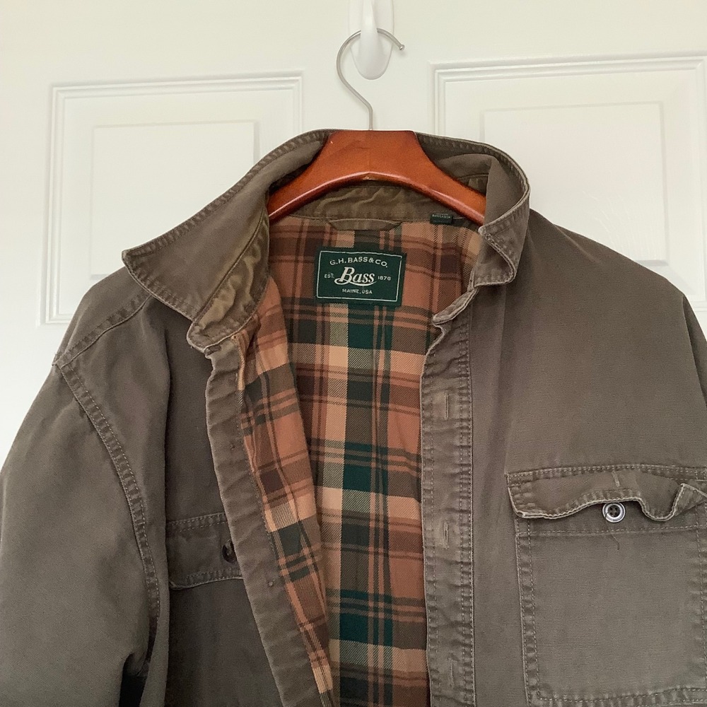 GH Bass & Co Mens XL Flannel Lined Canvas Shirt Jacket Olive Brown Plaid Rugged